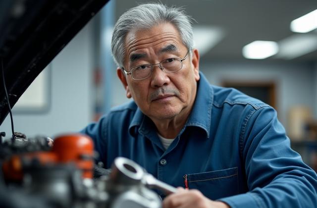 번철 투어스 창업가 또는 수석 기술자가 엔진을 살펴보고 있는 모습